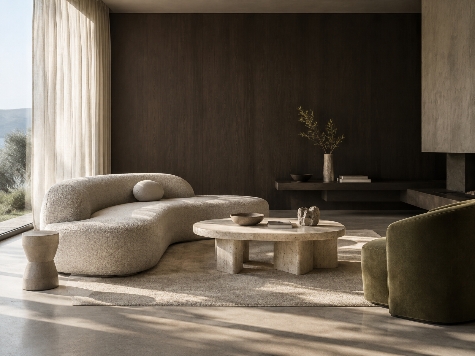 Minimalistischer Wohnraum mit Natursteinmöbeln und dunkler Holzwand